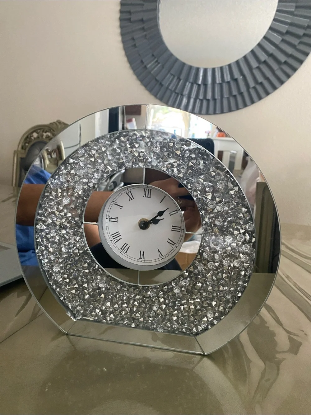 Crystal Accent Wall Clock - Silver Mirrored Home Decor